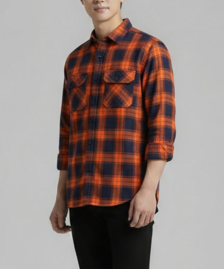 The Rugged Plaid Flannel Shirt - Burnt Re & Navy