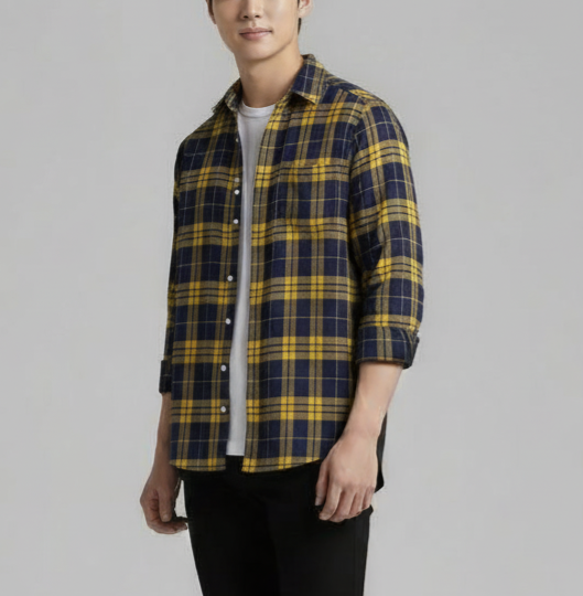 Navy Blue & Yellow Premium Check Shirt – S to XXL (Soft Flannel Look • Overshirt Style)